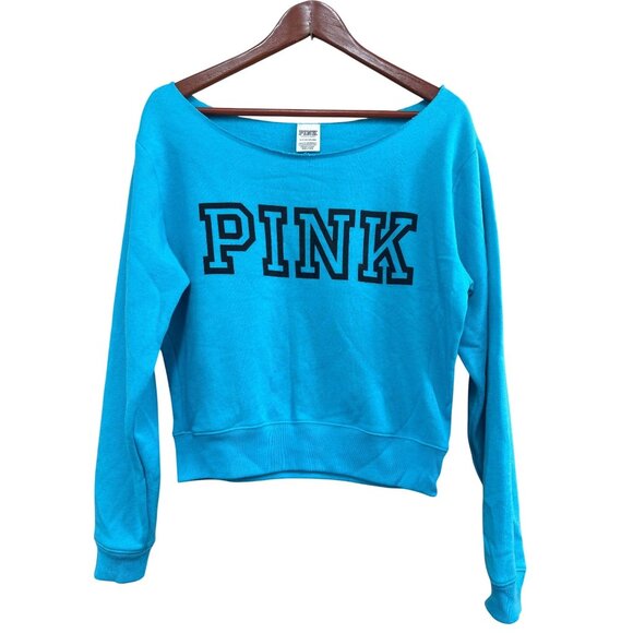 Victorias Secret PINK Blue Off-Shoulder Sweatshirt Size S - Picture 1 of 5